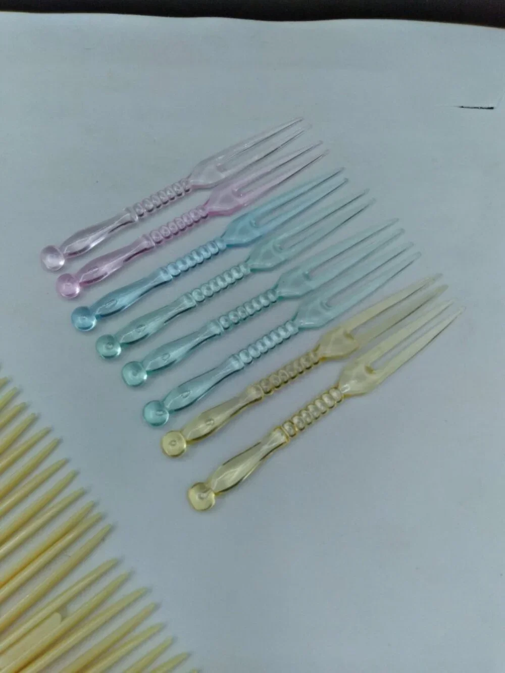 hors d'oeuvre fork tooth picks ivory tone and multicolored plastic vintage